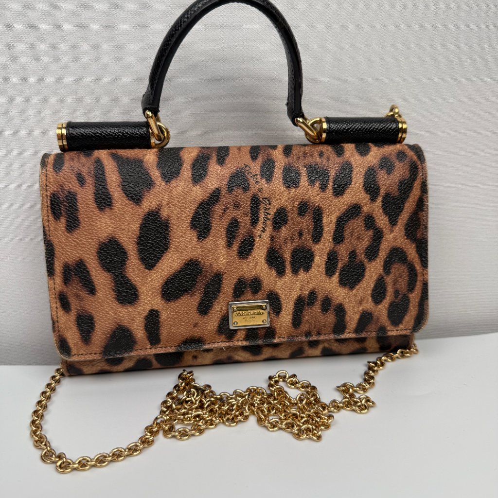 Dolce & Gabbana Sicily Leather Handbag Leopard Print With Gold Hw